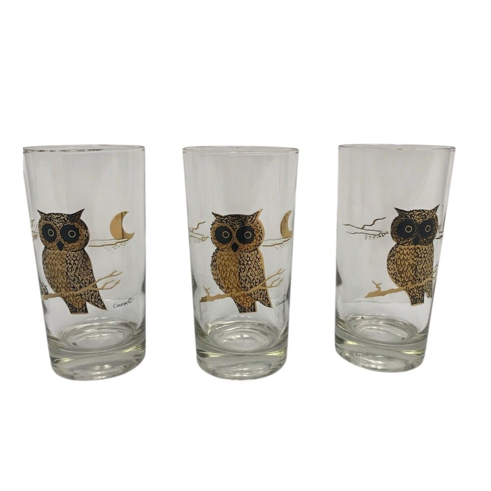 3 Vintage Couroc Owl Crescent Moon MCM Highball‎ Glasses Barware